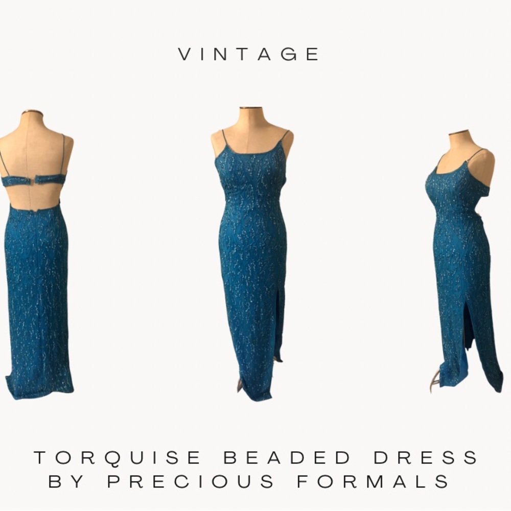 Vintage turquoise beaded formal dress by precious formals.
